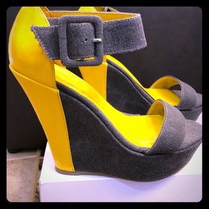 Grey and yellow wedge sandals